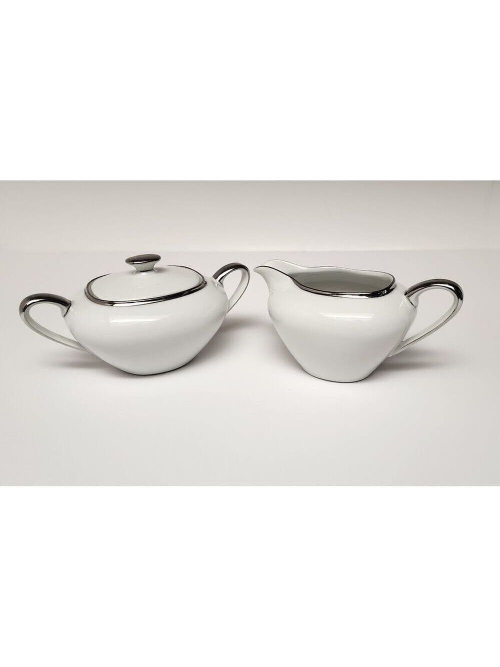 James Chatelaine Plaza White/Silver Trim Porcelain Creamer/Sugar Bowl